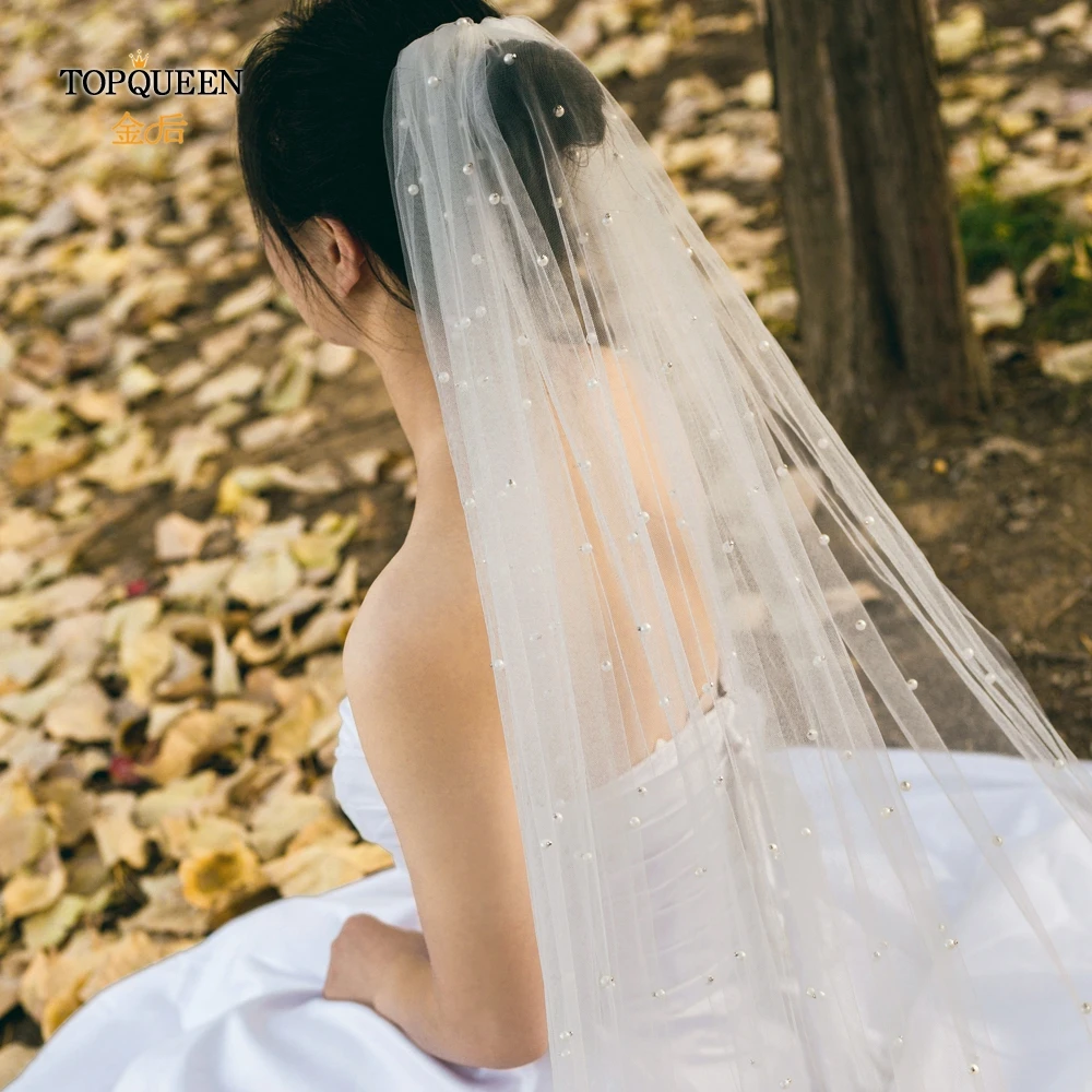 TOPQUEEN VP05 Соборные Свадебные вуали с жемчугом Church veil кружево высокое качество белый Длинная фата один слой платье-пачка