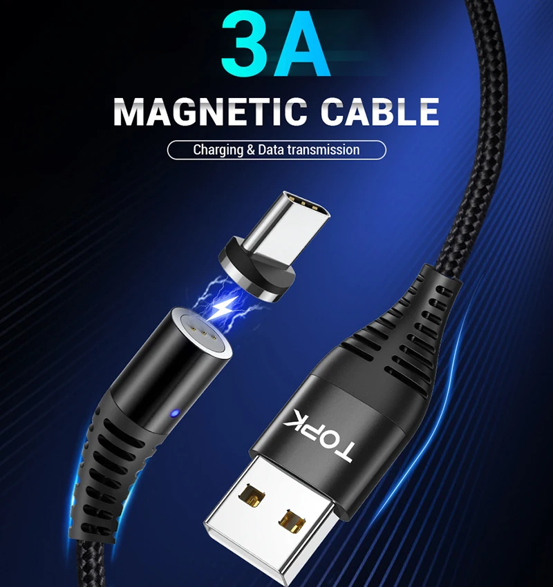 TOPK Магнитный кабель Micro usb type C для iPhone кабель освещения 1 м 3A провод для быстрого заряда type-C Магнитный кабель для зарядки телефона