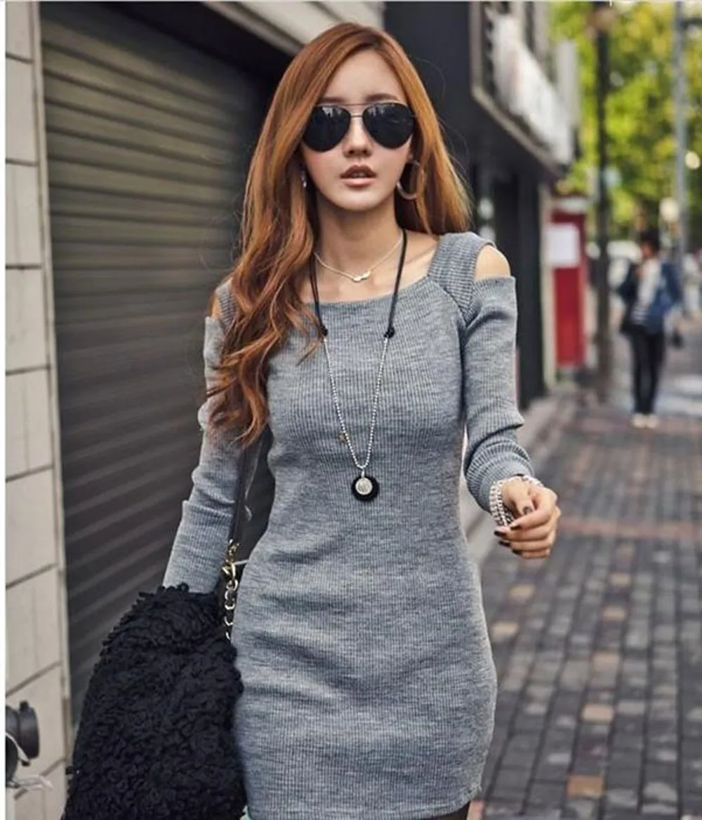 Fashion Autumn Winter Women Sweater Knitted Dresses Long Sleeve Bodycon Stretch Ladies Solid Casual Party Dress Vestidos#0