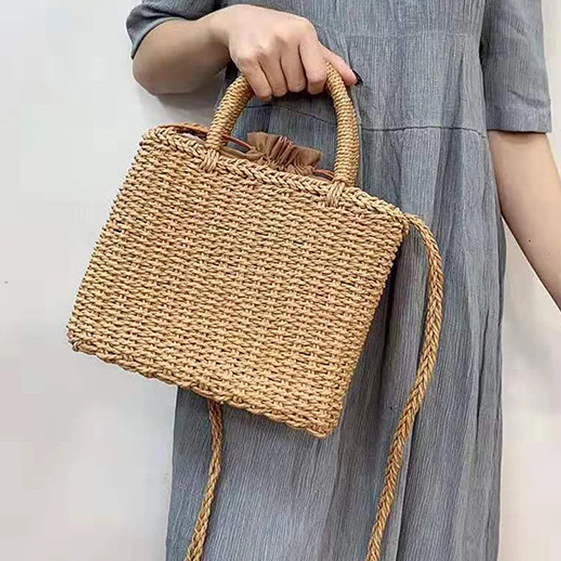 New Straw Bag Korean Fresh Fashion Square Basket Mori Women's Woven String Crossbody Drawstring Handbag |