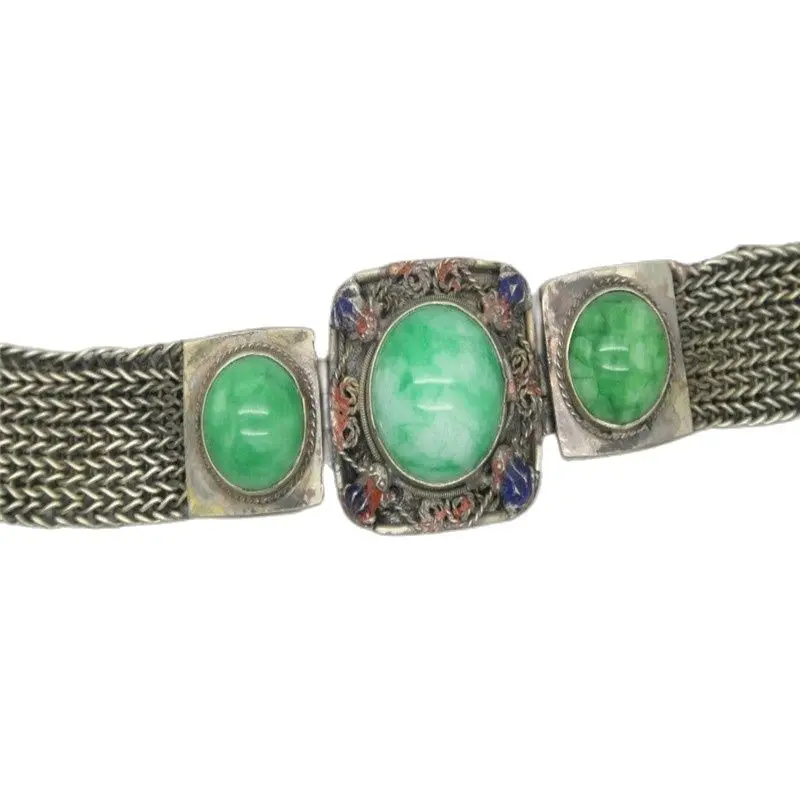 

Collectible Old Tibet-Silver Handwork Inlay Natural Green Jade Bead Bracelet