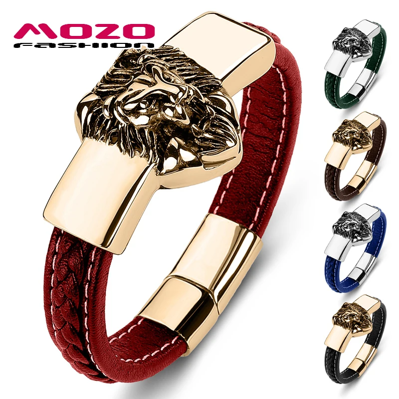 MOZO FASHION Stainless Steel Charm Magnetic Multi Color Unisex Lion Bracelet Genuine Leather  Braided Trendy Jewelry Gifts 060