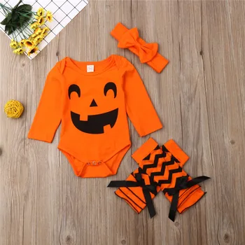 

2019 Halloween Baby Clothes Set Long Sleeve Orange Baby Bodysuits Striped Socks Girls Hair Bands Baby Girls Outfits Newborn Set