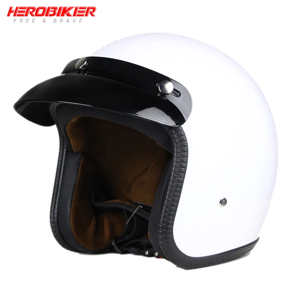 HEROBIKER мотоциклетный шлем из синтетической кожи ретро круизер чоппер Скутер кафе гонщик Мото шлем 3/4 открытый шлем в горошек - Цвет: Bright White