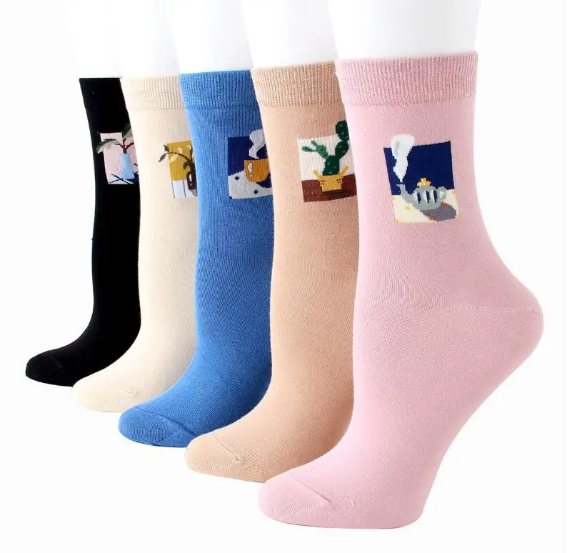 Новые однотонные женские носки с растительным принтом