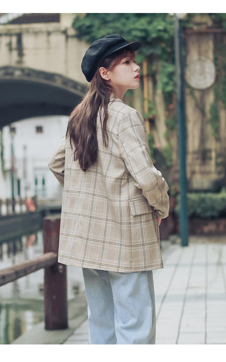 Harajuku клетчатый осенний костюм женский модный костюм с воротником двубортный костюм с длинными рукавами Женский Тонкий темперамент костюм женский