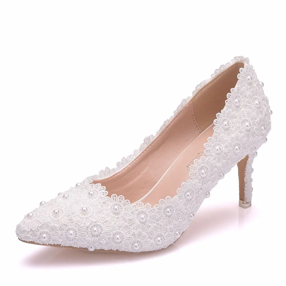 Туфли-лодочки «Королева» с кристаллами; женская обувь; женские свадебные туфли на высоком каблуке; свадебные туфли с белыми цветами и жемчужинами; низкий каблук; большие размеры 43