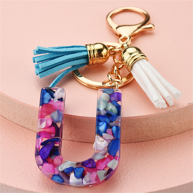 Women Keychains 26 Glitter Hollowed-out Words Handbag Tassel English Letter Keyring with Puffer Ball Charms Free Shipping