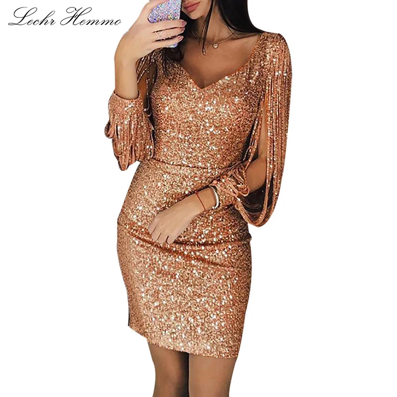 

2019 New Evening Dress Sequins Formal Party Dress V-Neck Sparkling Tassel Long-Sleeved Slim Bag Hip Dress