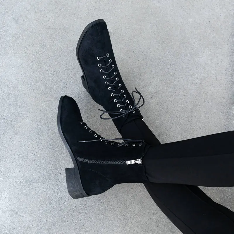 Brand Suede Leather Chelsea Boots Women lace up Ankle Boots Handmade Autumn Winter Thick Heels Comfortable Shoes Woman - Цвет: Черный
