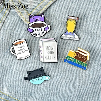 

Coffee and Book Enamel Pin Cat Cafe Reading Badge Custom Hedgehog Brooches Lapel pin Jeans shirt Bag Cute Animal Jewelry Gift