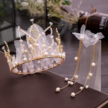 

New Fashion Yarn Full Round Bridal Crown Earring Set Crystal Pearls Wedding Tiara Hairbands Princess Bride Hair Accessories
