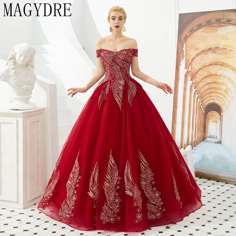 Вышивка Тюль Элегантные бордовые платья Quinceanera красный/зеленый сексуальное бальное платье с открытыми плечами MAGYDRE