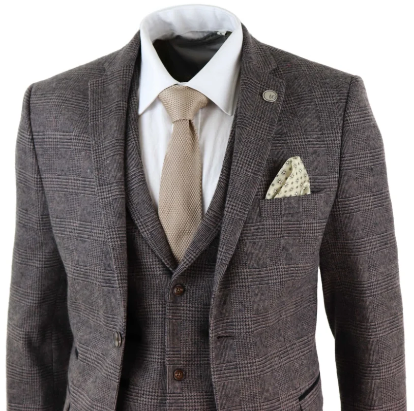 Коричневые мужские костюмы из шерсти 3 шт клетчатый костюм Homme Tweed Fit Peaky Blinders Gatsby 1920s костюм - Цвет: picture color