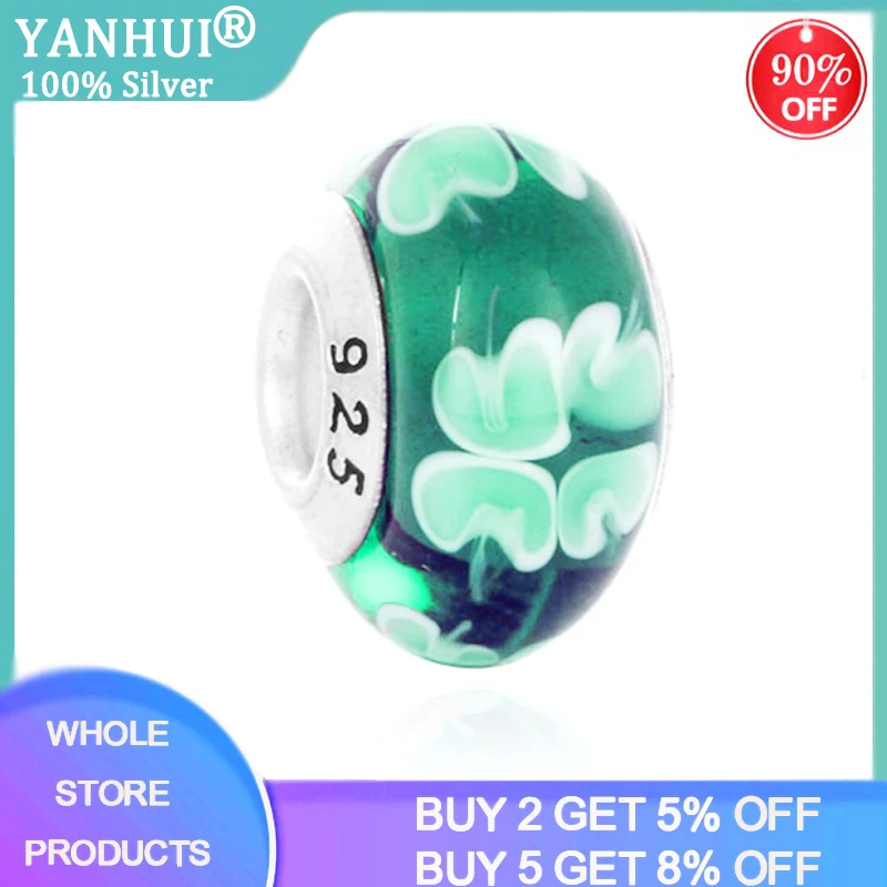 

YANHUI New Hot 925 Solid Silver Drop Charms Four Leaf Clover Flower Enamel Charms Beads Fit Bracelets DIY Jewelry Accessories