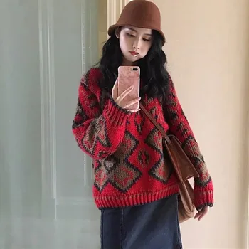 

Autumn Winter Women's Korean Version Of The College Style Christmas Thick Loose Long Fire Sweaterdress Jacket