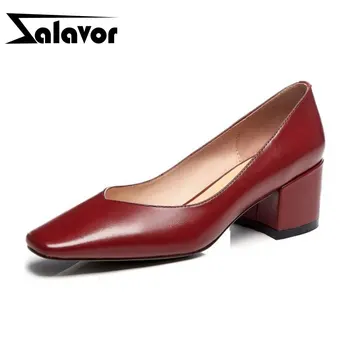 

ZALAVOR 2020 Real Leather Chunky Heels New Spring Pumps Office Ladies Shallow High Quality Party Wedding Pumps Size 34-39