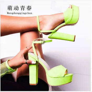 

Size 42 Women Sandals Open Toe Platform Ankle Strap Chunky High Heels Sandals Mujer Fluorescent Green Summer Party Pumps Zapatos