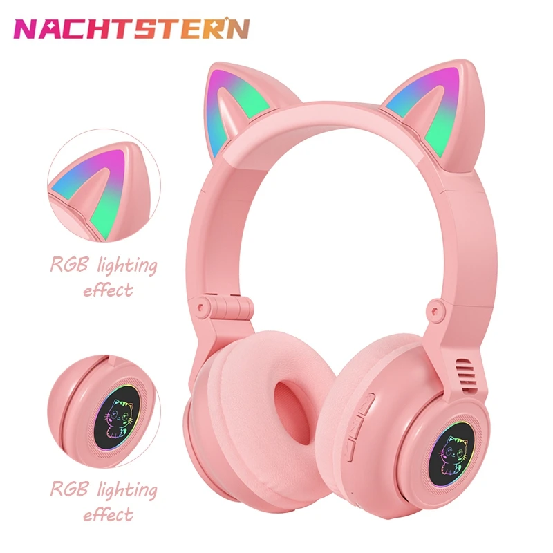 Cute RGB Kitten wireless Headsets Bluetooth 5.0 Bass Noise Cancellation Adult Child Girl Headset Support TF Card Helmet with Mic