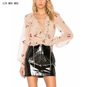 

New spring and summer women's shirts cherry pattern printed blouse wavy lace tie waist shirt sweet fresh tops