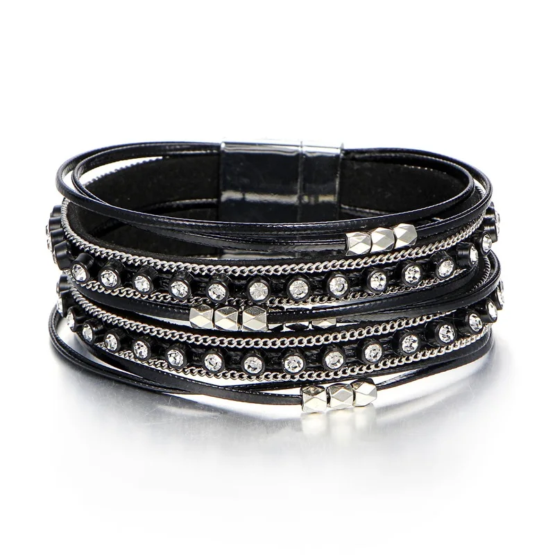 Fashion Black Multiple Layer Leather Bracelet Metal Bead Wrap Bracelets Magnetic Clasp Charm Bangle Jewelry For Women Femme