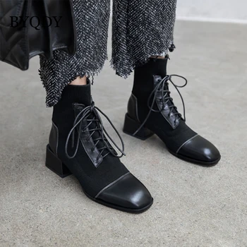 

BYQDY Cross-tied Autumn Woman Boots Patent Leather British Chunky Heels Boots Black Square Toe Shoes Handsome Motorcycle Boots