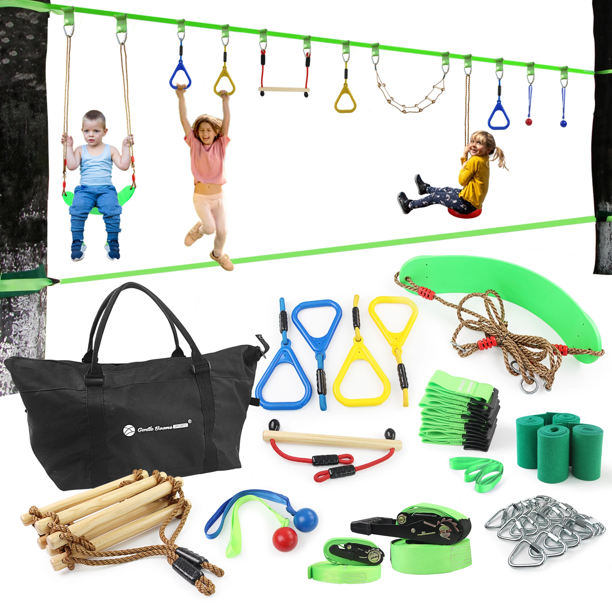 Ninja Warrior Line Hanging Obstacle Course for Kids Activities- 56ft Slackline Kit Rope Training Equipment Gymnastic Rings Green agility training hex agility training equipment detachable football hexagonal rings for speed and agility practice physical