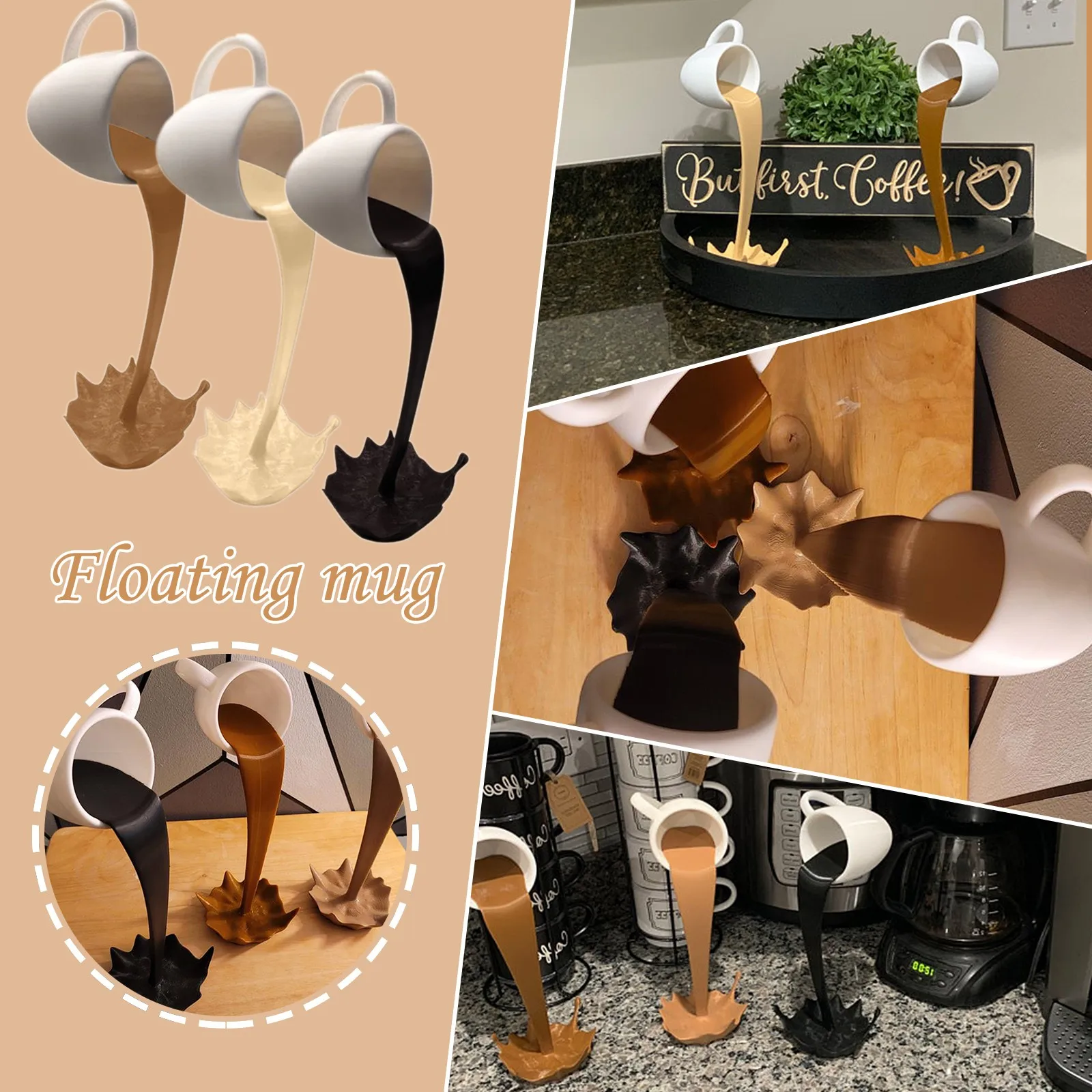 S-TROUBLE Taza de café Flotante Escultura Decoración de Cocina Resina Verter Derramar Taza Estatuas Divertidas Arte Decoración de Cocina 