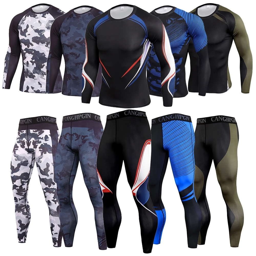 2021 Men's Long Johns Suit MMA Rashguard Suit Fitness Sports Leggings Suit Solid color Men Comression Clothes Suit Men