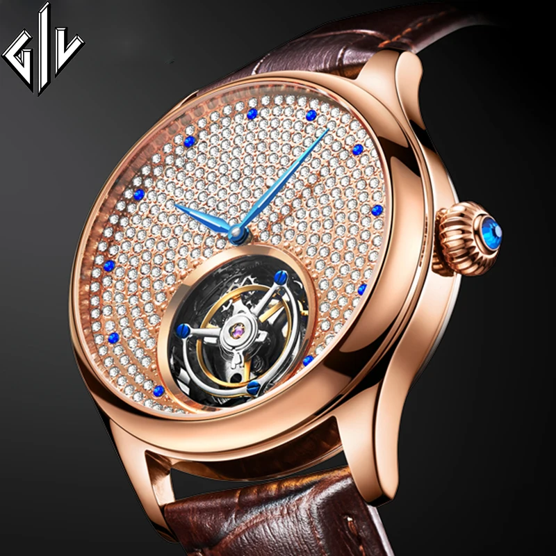 GIV часы оригинальные Tourbillon механические сапфировые мужские Стразы лучший бренд