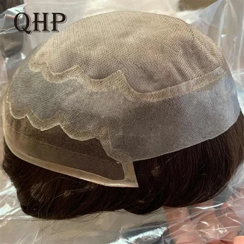 

Mens Toupee Mono Lace With Thin PU Hair Replacement Systems Indian Remy Human HairPiece Wig Natural Handmadec