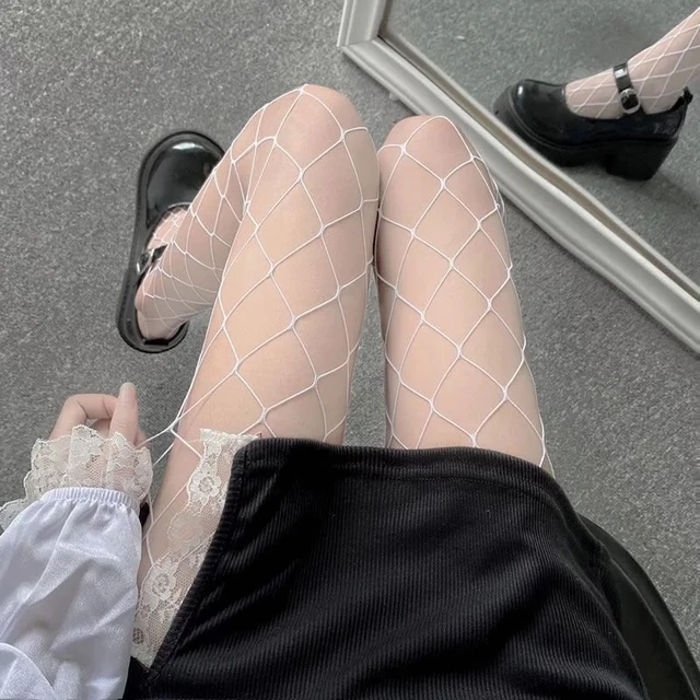 Sexy Gothic Tights Pantyhose Women Fashion Punk Style Hole Fishnet Stockings Anime Lolita Thigh High Stocking Hollow Out Hosiery White XL