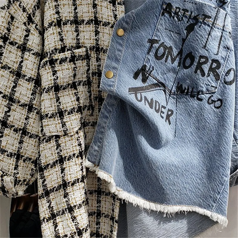 Tweed Patchwork Women Denim Shirt Jacket Lapel