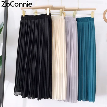 

Summer Skirts Women Fashion 2020 Spring High Waist Pleated Skirts Ladies Midi Long Elegant A Line Skirt Female Black Blue