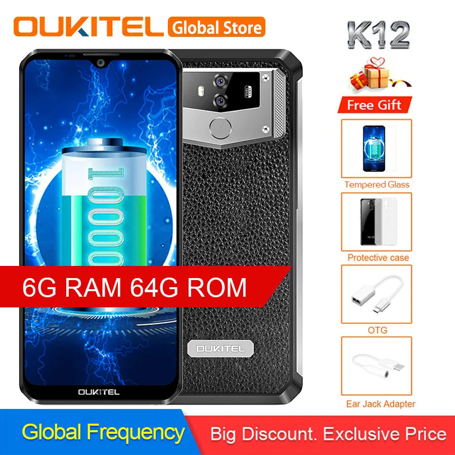 OUKITEL K12 Android 9,0 мобильный телефон 6," 19,5: 9 MTK6765 6G ram 64G rom NFC 10000mAh 5 V/6A Быстрая зарядка отпечатков пальцев Смартфон