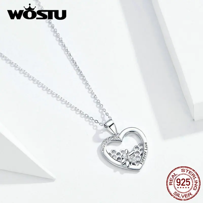 WOSTU, 925 пробы, Серебряное сердце, ожерелья, соты, пчела, подвеска, звено цепи для женщин, юбилей, любителя, роскошные ювелирные изделия, FIN356