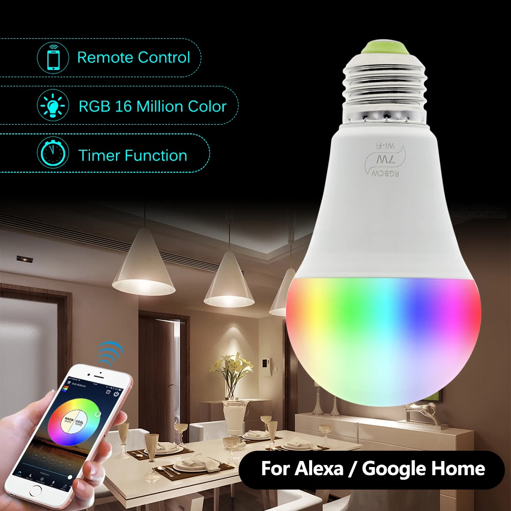 Умный wifi светодиодный светильник работает с Amazon Alexa и Google Home RGB + теплый белый E27 7
