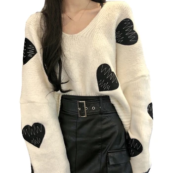 

Women Sweater Pullovers 2019 Winter Casual Loose Lantern Sleeve Pull Lady V-Neck Korean Knitted Fashion Jumper Female Clothing