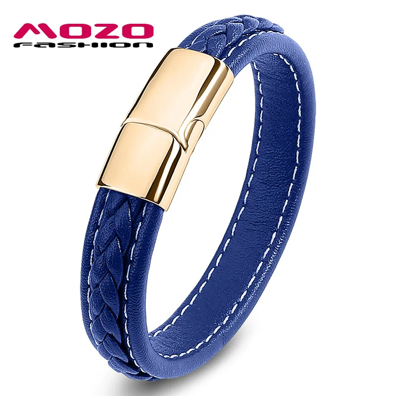 MOZO FASHION Retro Men Jewelry Braided Leather Bracelet Women Handmade Bracelet Trendy Stainless Steel Clasp Wrist Band Green - Окраска металла: SJ010-L