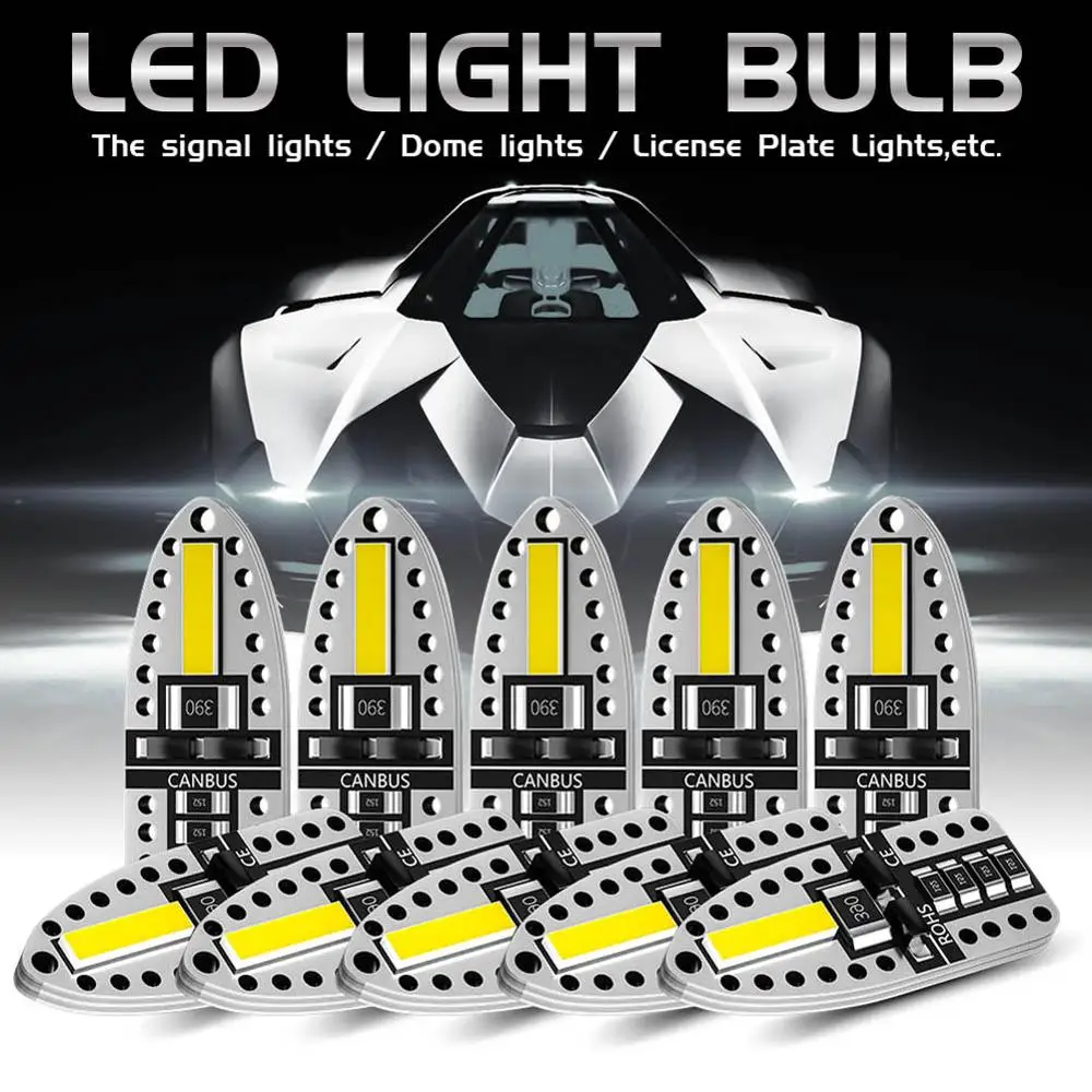 

10PCS 12V T10 LED Car W5W LED Bulbs Canbus 168 194 6000K White for Car Interior Dome Map Light Parking Lights Non-polar