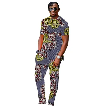 

African clothes men's print set short sleeve shirt with trouser Ankara fashion pant sets custom made wedding male formal outfits