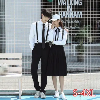 

Korean School Uniform Girls JK Navy Sailor Suit boy Japanese School Uniform Cotton White shirt +Straps Skirt for Summer