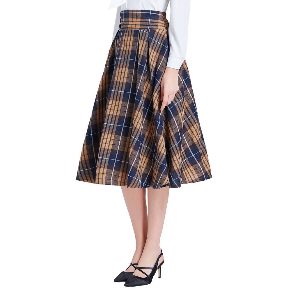 Cena Belle Poque styl angielski 2019 jesień kobiety eleganckie spódnice w kratę kobiet plisowana wysokiej talii koreański biurowa, o średniej długości spódnica Streetwear