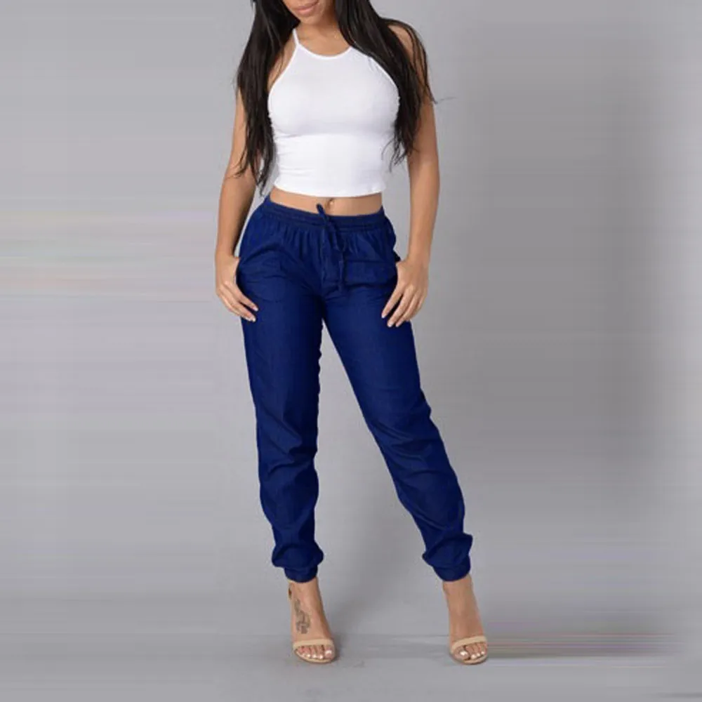Женские джинсы с высокой талией KLV женские повседневные брюки с эластичной резинкой на талии джинсы с высокой талией повседневные синие джинсы 9,18