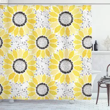 

Yellow Shower Curtain, Colorful Illustration of Sun Flower with Motifs and Patterns Summer Nature Artprint Fabric Bathroom Decor