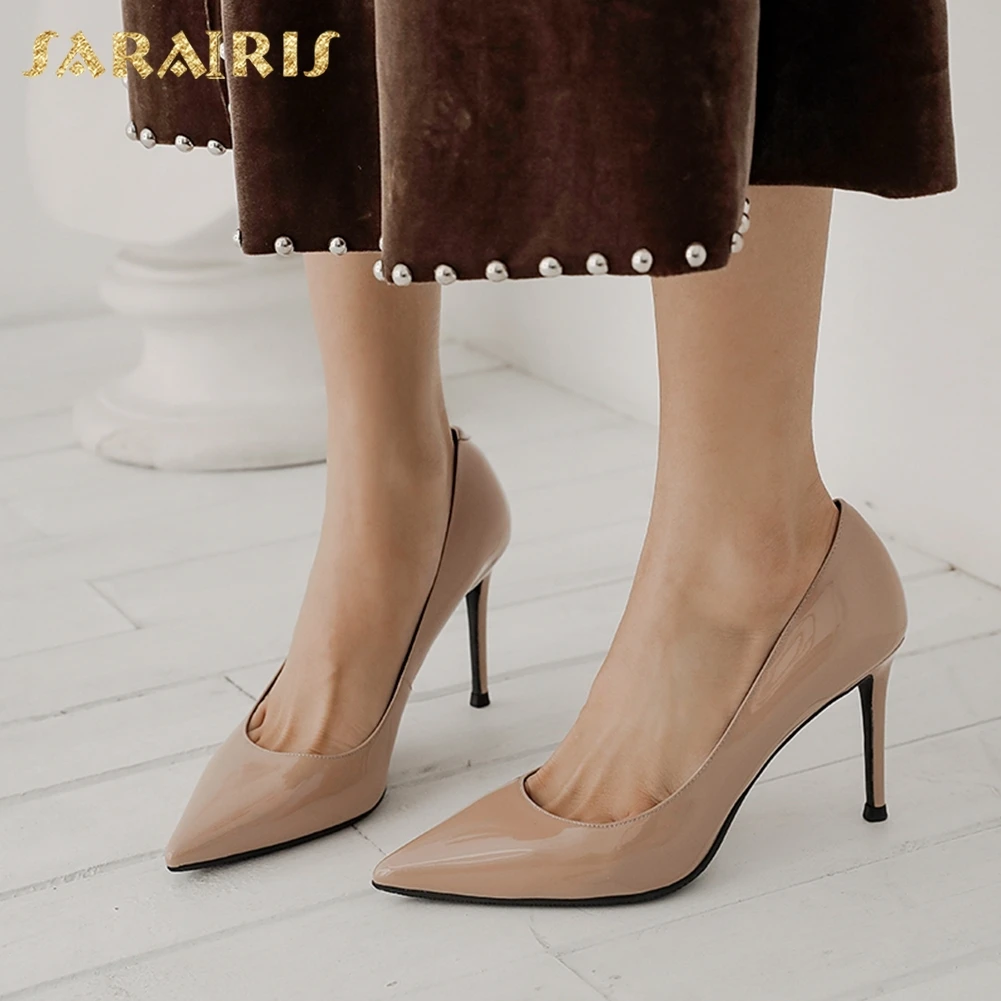 

Sarairis New Arrivals Patent Leather Thin High Heels Shoes Woman Pumps Female Pointed Toe Slip-On Office Lady Pumps Women