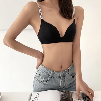 

Sexy Seamless Bra Push Up Women Underwear Letter Print Strap New Fashion Deep V Seamless Soild Color Comfortable 5 Colors
