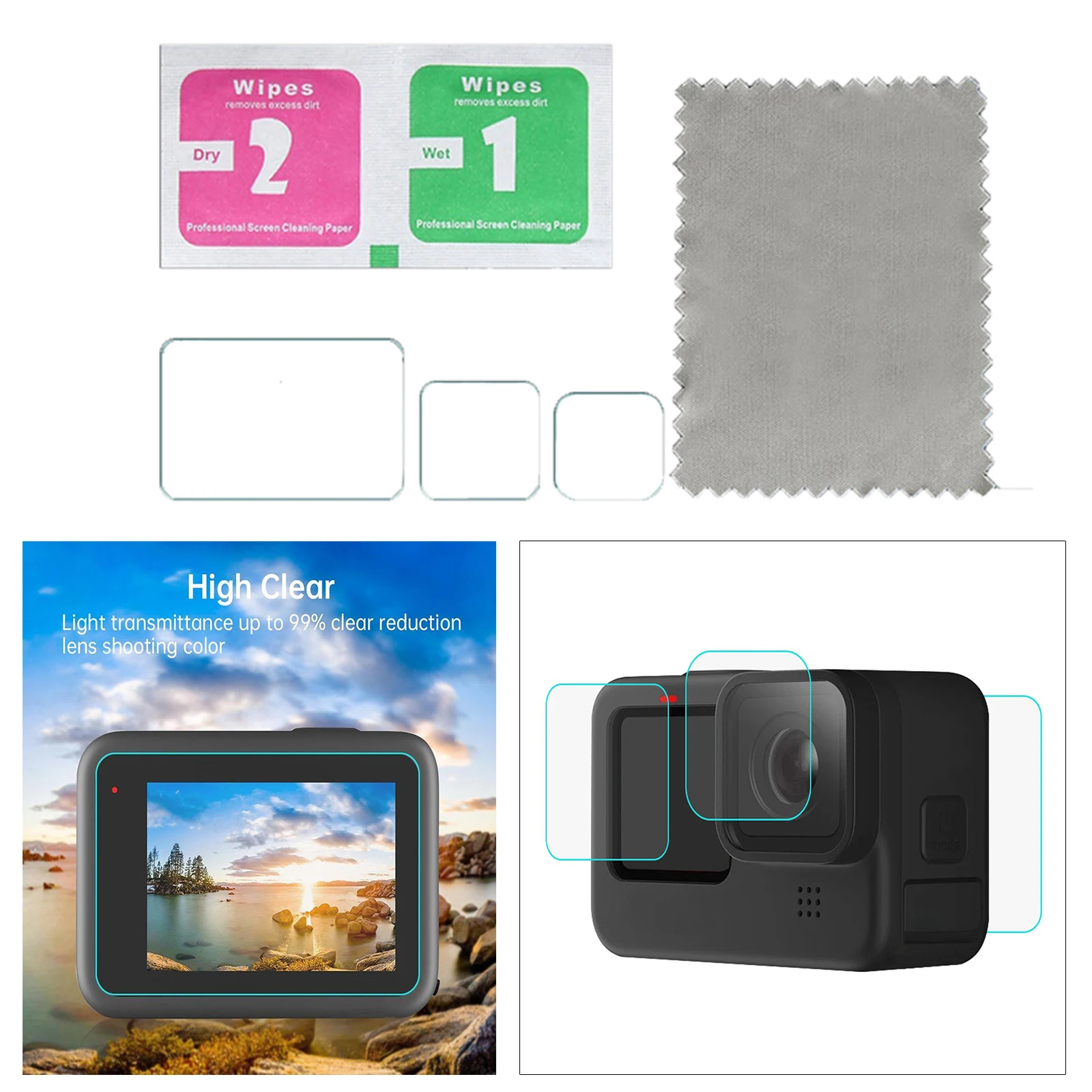Screen Protector for GoPro  9 Black, Ultra Clear Tempered Glass LCD Display Screen Protector + Camera Lens Protector Set
