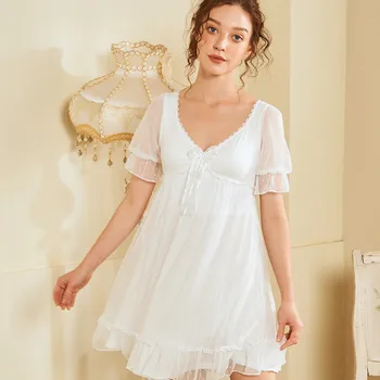 

2020 Summer New Princess Wind Lingeries Women's Nightdress Thin Ice Silk Sexy Palace Style Home Clothes With Breast Pad