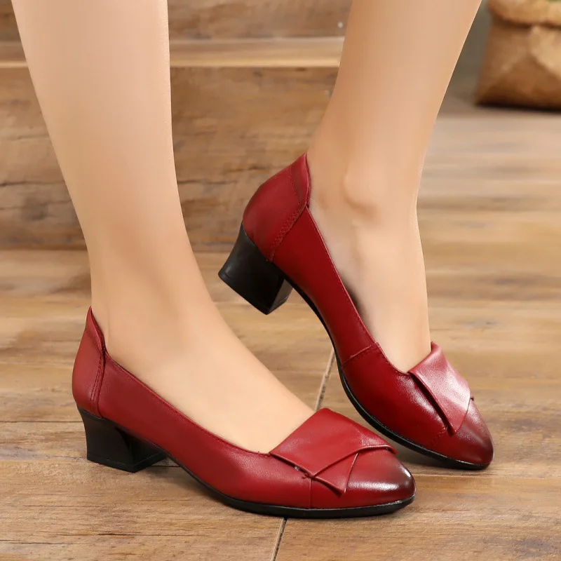 

High Quality Women Pumps Spring Autumn Leather High Heels Woman Shoes Ladies Square Heeled Dress Shoes Women's Working Shoes